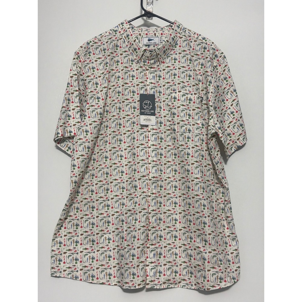 Southern Lure Mens 3XL Fishing Lure Print Cotton Short Sleeve Button Down NWT